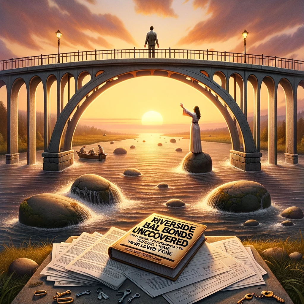 Symbolic Riverside bridge at sunset with individuals on either side and floating legal papers, representing the bail bonds process.